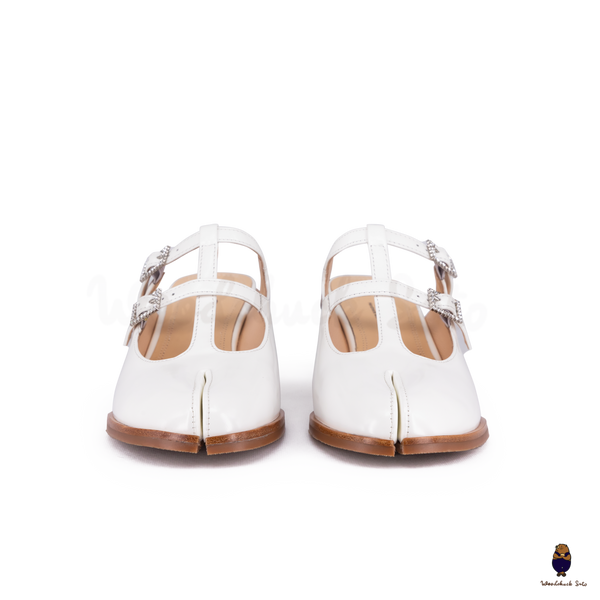 WoodChuckSato Women's White Tabi Split-Toe Open-Back Cow Leather Heeled Mules with Double Buckle Straps Sizes EU 35-45