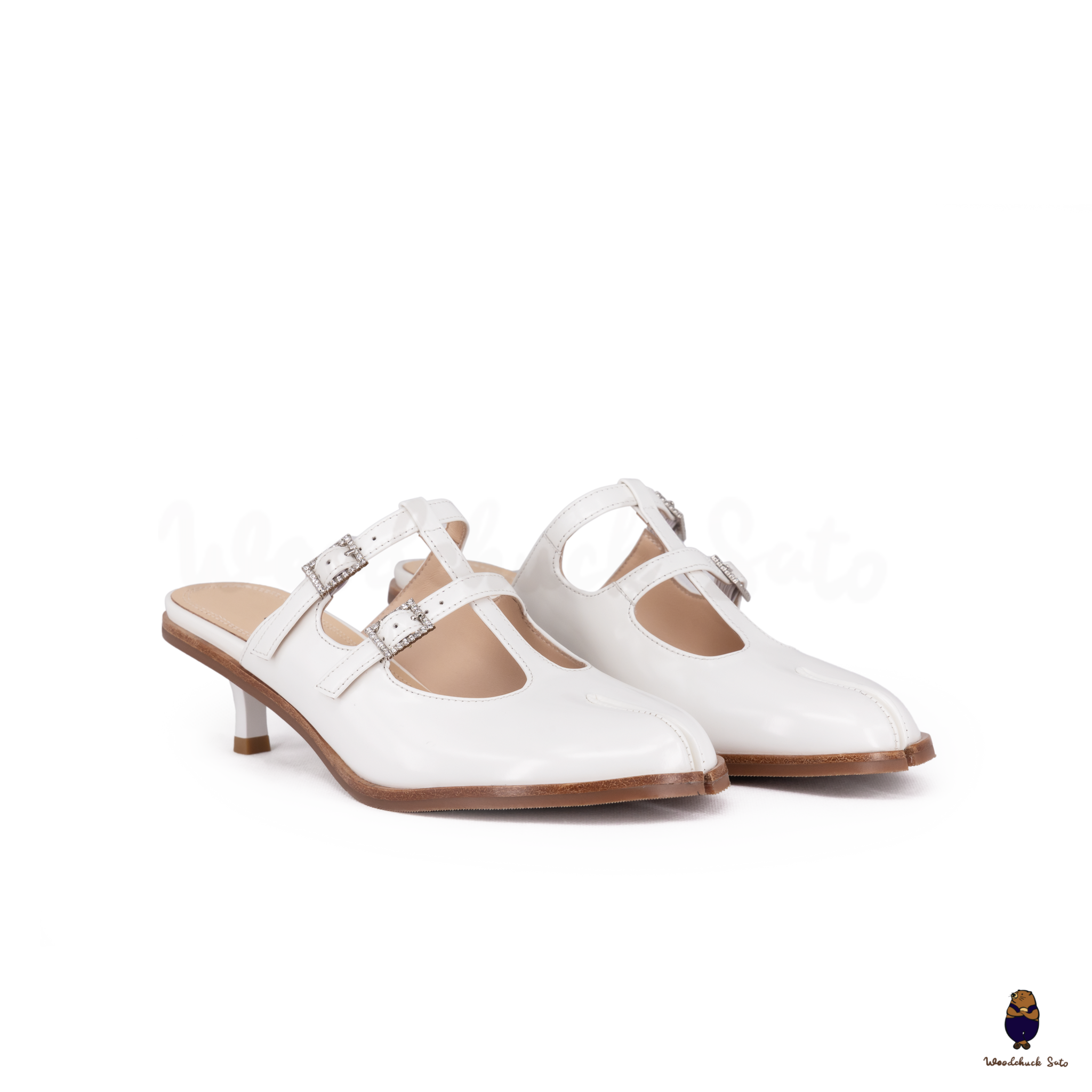 WoodChuckSato Women's White Tabi Split-Toe Open-Back Cow Leather Heeled Mules with Double Buckle Straps Sizes EU 35-45