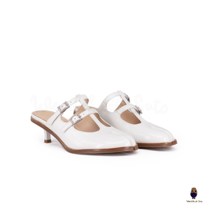 WoodChuckSato Women's White Tabi Split-Toe Open-Back Cow Leather Heeled Mules with Double Buckle Straps Sizes EU 35-45