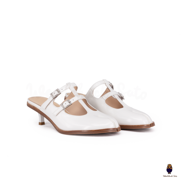 WoodChuckSato Women's White Tabi Split-Toe Open-Back Cow Leather Heeled Mules with Double Buckle Straps Sizes EU 35-45