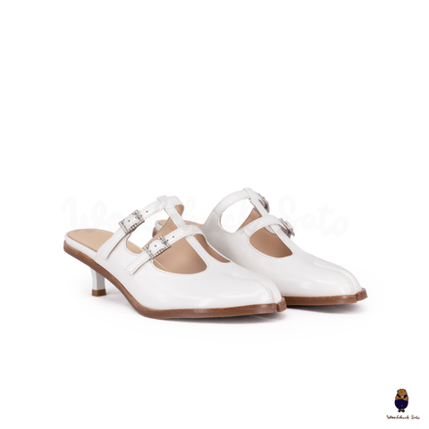 WoodChuckSato Women's White Tabi Split-Toe Open-Back Cow Leather Heeled Mules with Double Buckle Straps Sizes EU 35-45