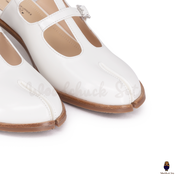 WoodChuckSato Women's White Tabi Split-Toe Open-Back Cow Leather Heeled Mules with Double Buckle Straps Sizes EU 35-45