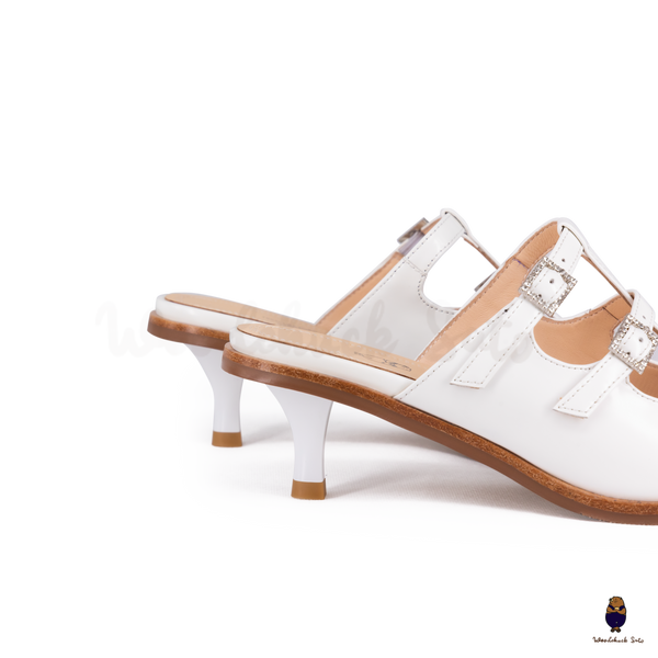 WoodChuckSato Women's White Tabi Split-Toe Open-Back Cow Leather Heeled Mules with Double Buckle Straps Sizes EU 35-45