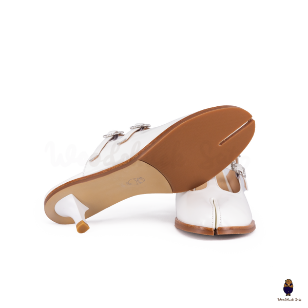 WoodChuckSato Women's White Tabi Split-Toe Open-Back Cow Leather Heeled Mules with Double Buckle Straps Sizes EU 35-45