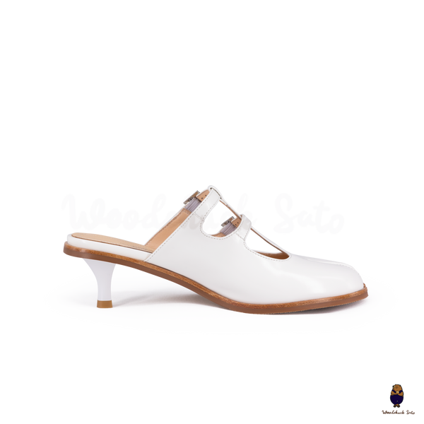 WoodChuckSato Women's White Tabi Split-Toe Open-Back Cow Leather Heeled Mules with Double Buckle Straps Sizes EU 35-45