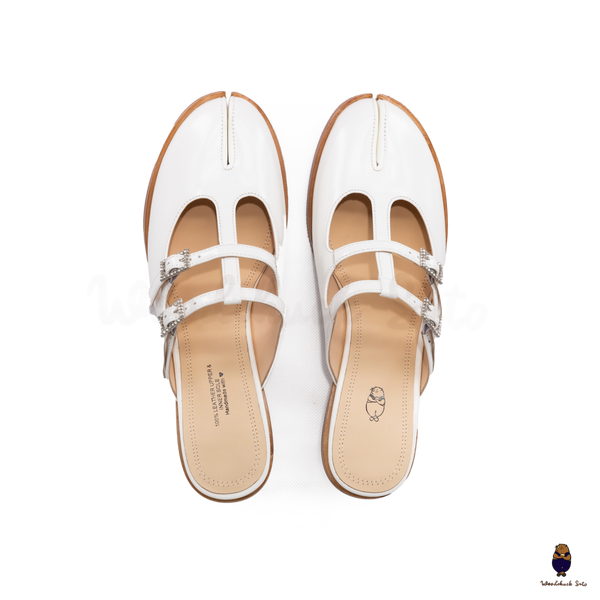 WoodChuckSato Women's White Tabi Split-Toe Open-Back Cow Leather Heeled Mules with Double Buckle Straps Sizes EU 35-45