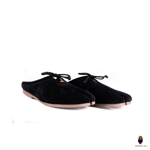 Woodchuck Sato Black Suede Tabi Mules Split-Toe Flats with Bow
