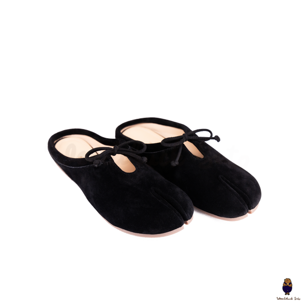 Woodchuck Sato Black Suede Tabi Mules Split-Toe Flats with Bow