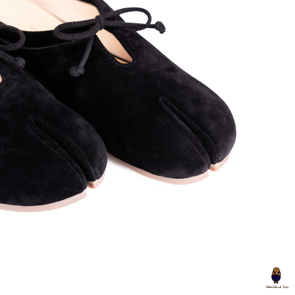 Woodchuck Sato Black Suede Tabi Mules Split-Toe Flats with Bow