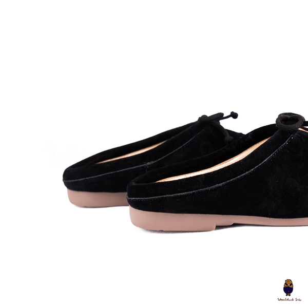 Woodchuck Sato Black Suede Tabi Mules Split-Toe Flats with Bow