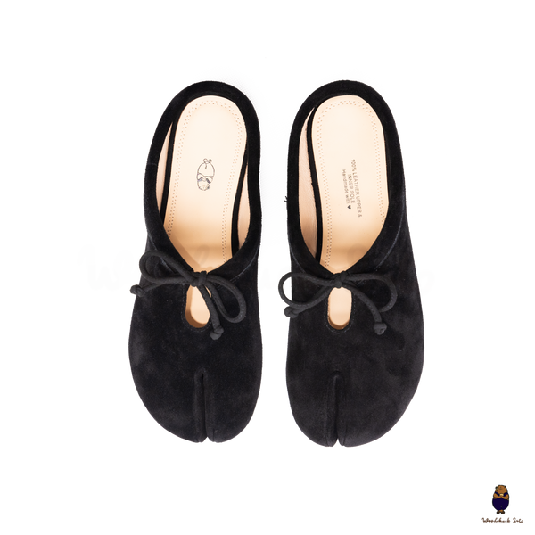 Woodchuck Sato Black Suede Tabi Mules Split-Toe Flats with Bow