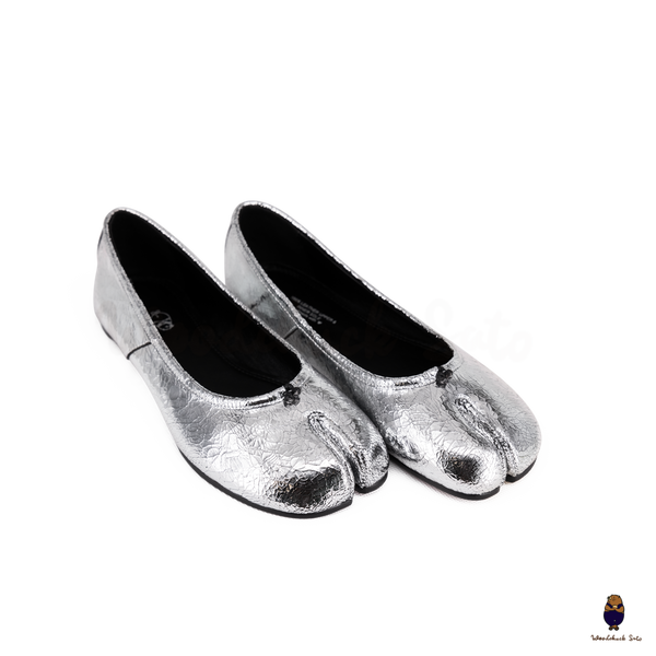 WoodChuckSato Women's Men's Cracked Silver Tabi Split-Toe Sheep Leather Ballet Flats Sizes EU 35-45