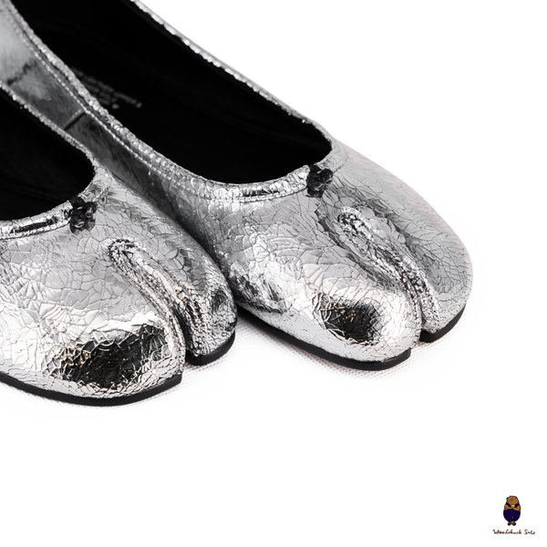 WoodChuckSato Women's Men's Cracked Silver Tabi Split-Toe Sheep Leather Ballet Flats Sizes EU 35-45
