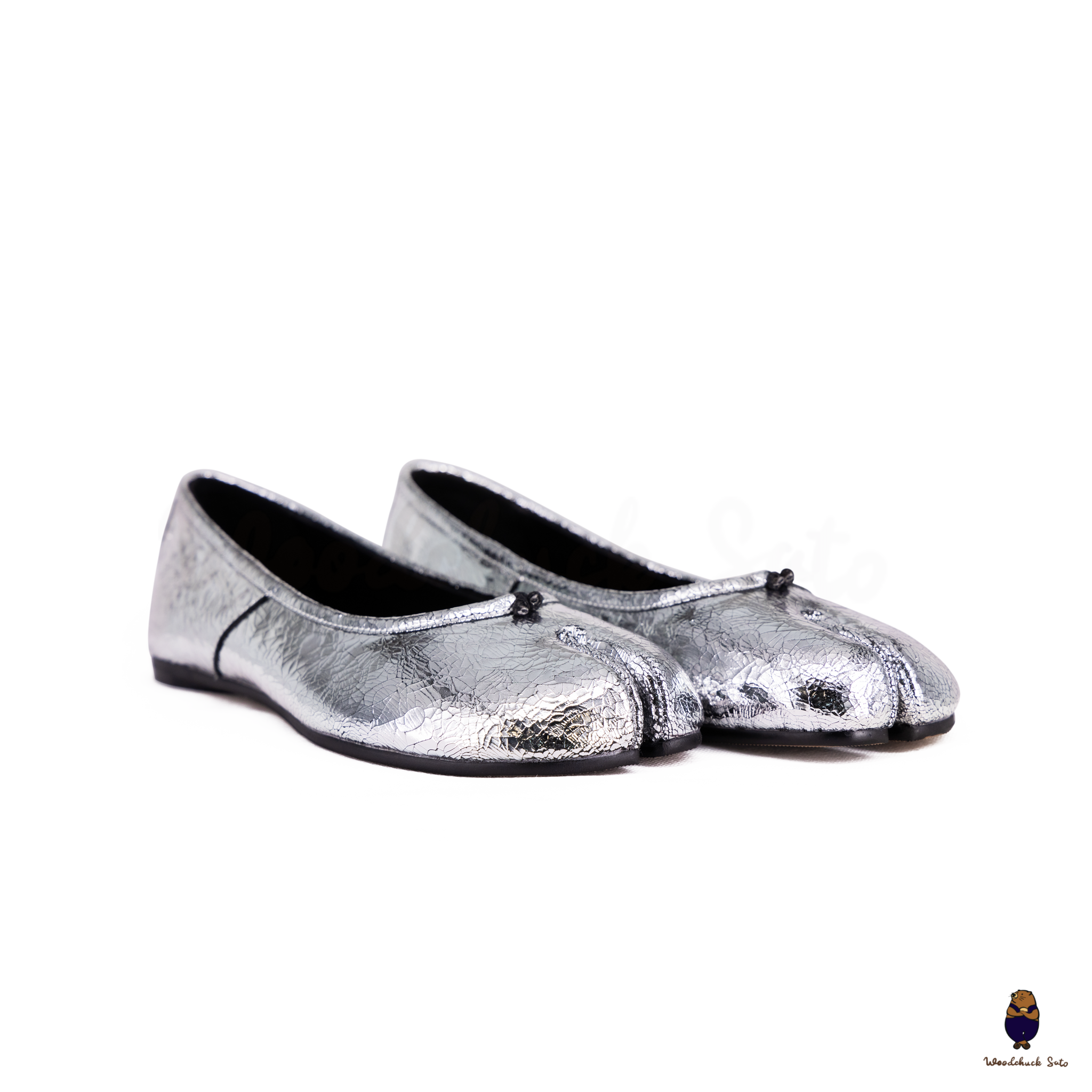 WoodChuckSato Women's Men's Cracked Silver Tabi Split-Toe Sheep Leather Ballet Flats Sizes EU 35-45