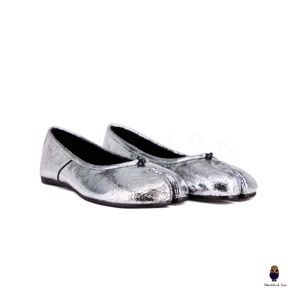 WoodChuckSato Women's Men's Cracked Silver Tabi Split-Toe Sheep Leather Ballet Flats Sizes EU 35-45