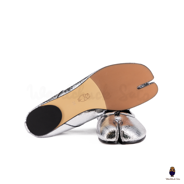 WoodChuckSato Women's Men's Cracked Silver Tabi Split-Toe Sheep Leather Ballet Flats Sizes EU 35-45