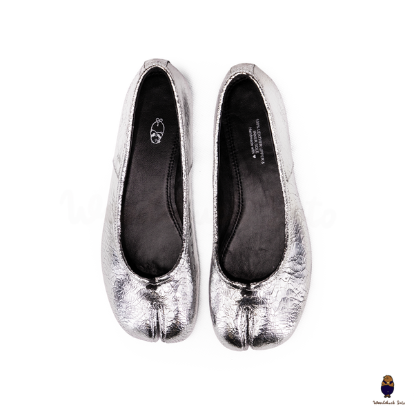 WoodChuckSato Women's Men's Cracked Silver Tabi Split-Toe Sheep Leather Ballet Flats Sizes EU 35-45