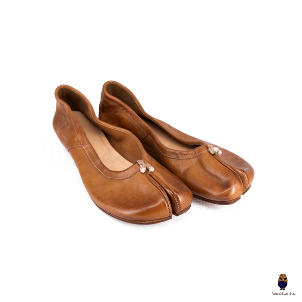 WoodchuckSato Caramel Brown Vintage Horse Leather Tabi Ballet Flats 35-48