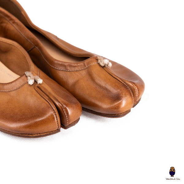 WoodchuckSato Caramel Brown Vintage Horse Leather Tabi Ballet Flats 35-48
