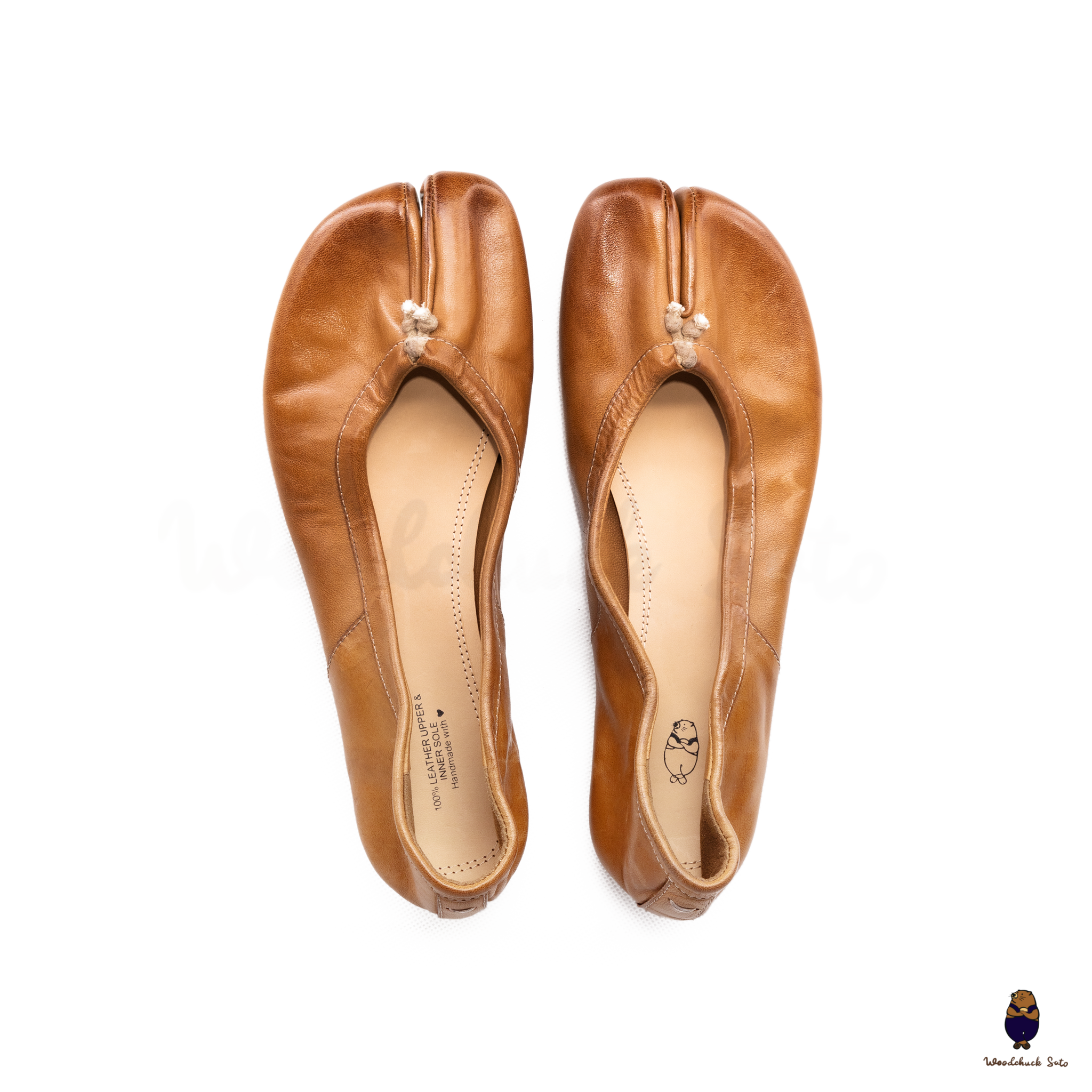 WoodchuckSato Caramel Brown Vintage Horse Leather Tabi Ballet Flats 35-48