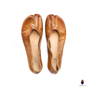 WoodchuckSato Caramel Brown Vintage Horse Leather Tabi Ballet Flats 35-48
