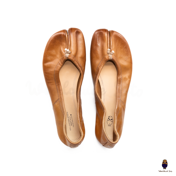 WoodchuckSato Caramel Brown Vintage Horse Leather Tabi Ballet Flats 35-48