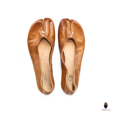 WoodchuckSato Caramel Brown Vintage Horse Leather Tabi Ballet Flats 35-41