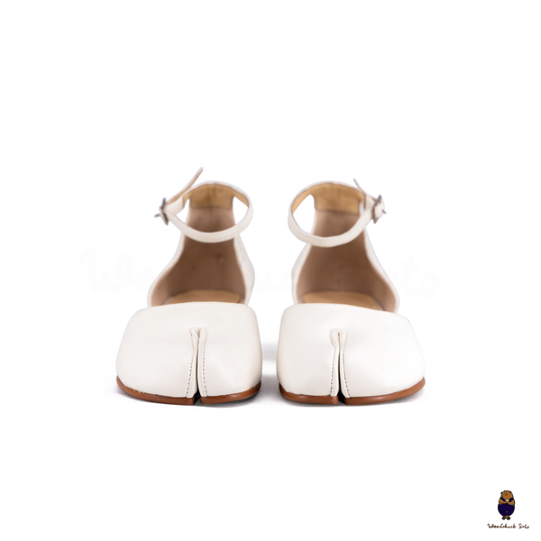WoodchuckSato White Leather Tabi Ankle-Strap Heels with 3cm Heel