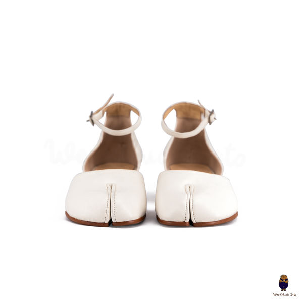 WoodChuckSato White Tabi Split-Toe Cow Leather Summer Sandals with Low Heels & Ankle Strap Buckle Sizes EU 35-45