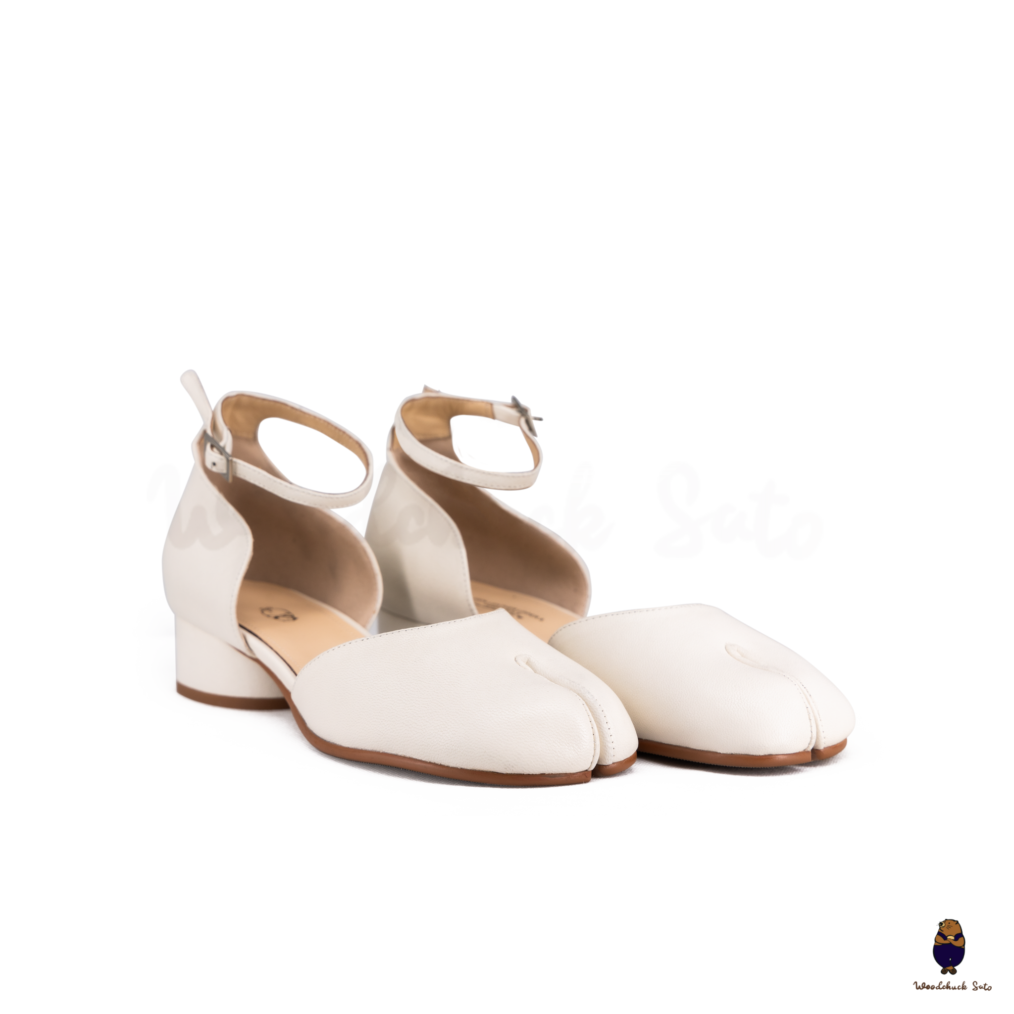 WoodChuckSato White Tabi Split-Toe Cow Leather Summer Sandals with Low Heels & Ankle Strap Buckle Sizes EU 35-45