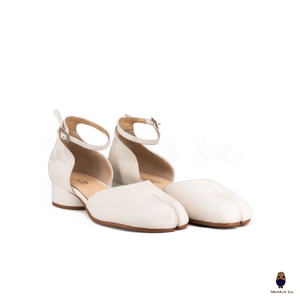 WoodChuckSato White Tabi Split-Toe Cow Leather Summer Sandals with Low Heels & Ankle Strap Buckle Sizes EU 35-45