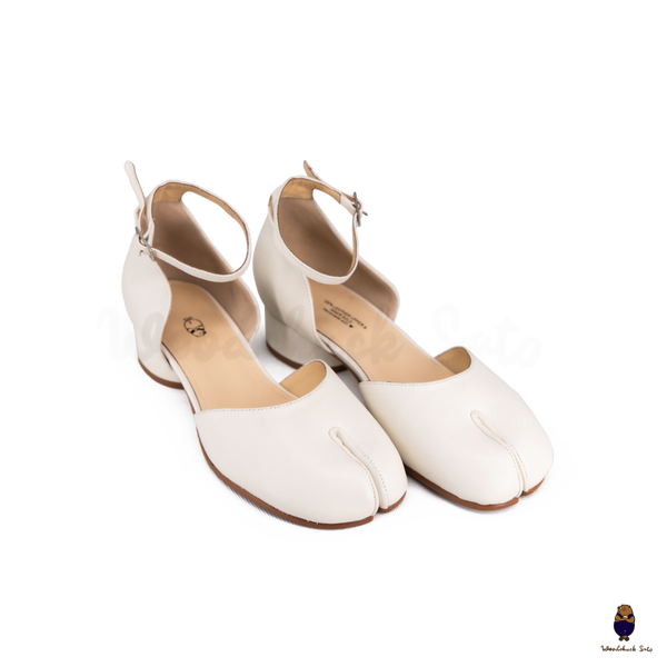 WoodChuckSato White Tabi Split-Toe Cow Leather Summer Sandals with Low Heels & Ankle Strap Buckle Sizes EU 35-45