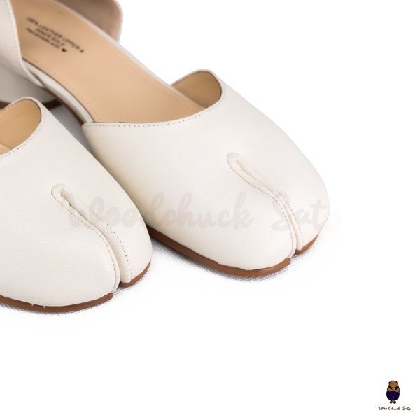 WoodChuckSato White Tabi Split-Toe Cow Leather Summer Sandals with Low Heels & Ankle Strap Buckle Sizes EU 35-45