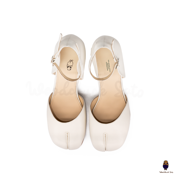 WoodChuckSato White Tabi Split-Toe Cow Leather Summer Sandals with Low Heels & Ankle Strap Buckle Sizes EU 35-45