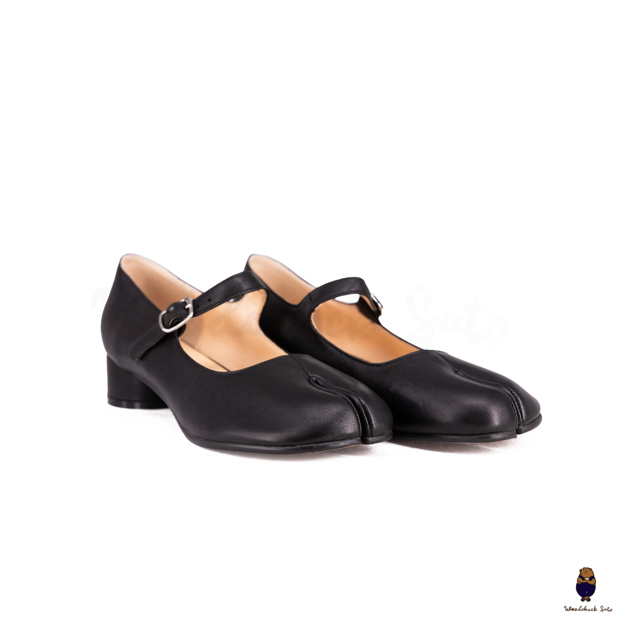WoodChuckSato Women's Men's Black Tabi Split-Toe Sheep Leather Mary Jane Shoes with 3cm Heel & Adjustable Strap Sizes EU 35-41