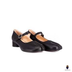 WoodChuckSato Women's Men's Black Tabi Split-Toe Sheep Leather Mary Jane Shoes with 3cm Heel & Adjustable Strap Sizes EU 35-41