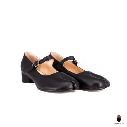 WoodchuckSato Black Leather Tabi Mary Jane Heels with Adjustable