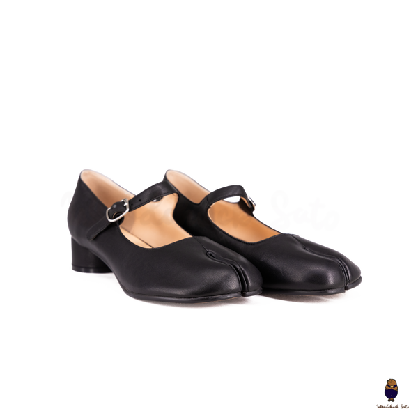 WoodChuckSato Women's Men's Black Tabi Split-Toe Sheep Leather Mary Jane Shoes with 3cm Heel & Adjustable Strap Sizes EU 35-41