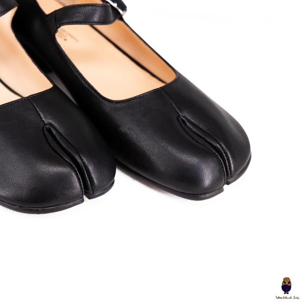 WoodChuckSato Women's Men's Black Tabi Split-Toe Sheep Leather Mary Jane Shoes with 3cm Heel & Adjustable Strap Sizes EU 35-41