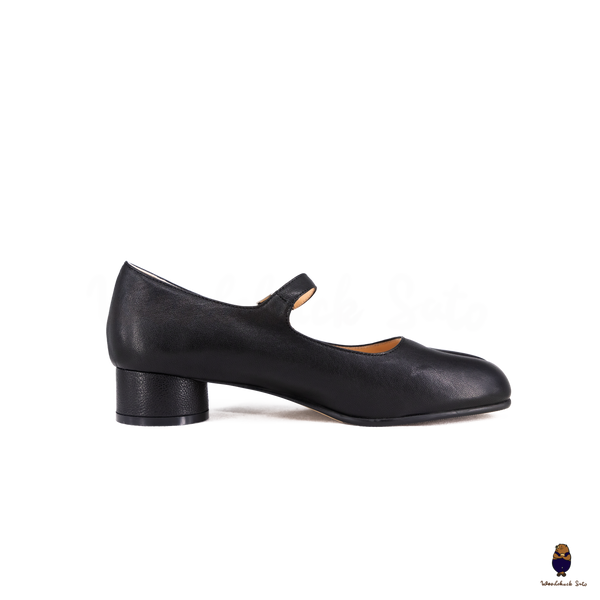 WoodChuckSato Women's Men's Black Tabi Split-Toe Sheep Leather Mary Jane Shoes with 3cm Heel & Adjustable Strap Sizes EU 35-41