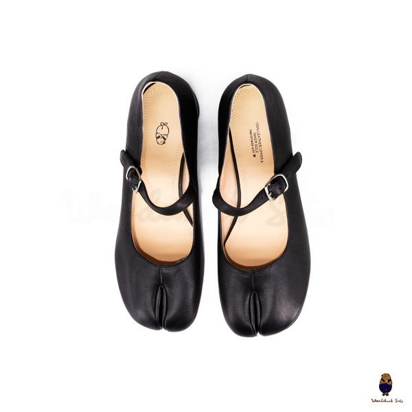 WoodChuckSato Women's Men's Black Tabi Split-Toe Sheep Leather Mary Jane Shoes with 3cm Heel & Adjustable Strap Sizes EU 35-41