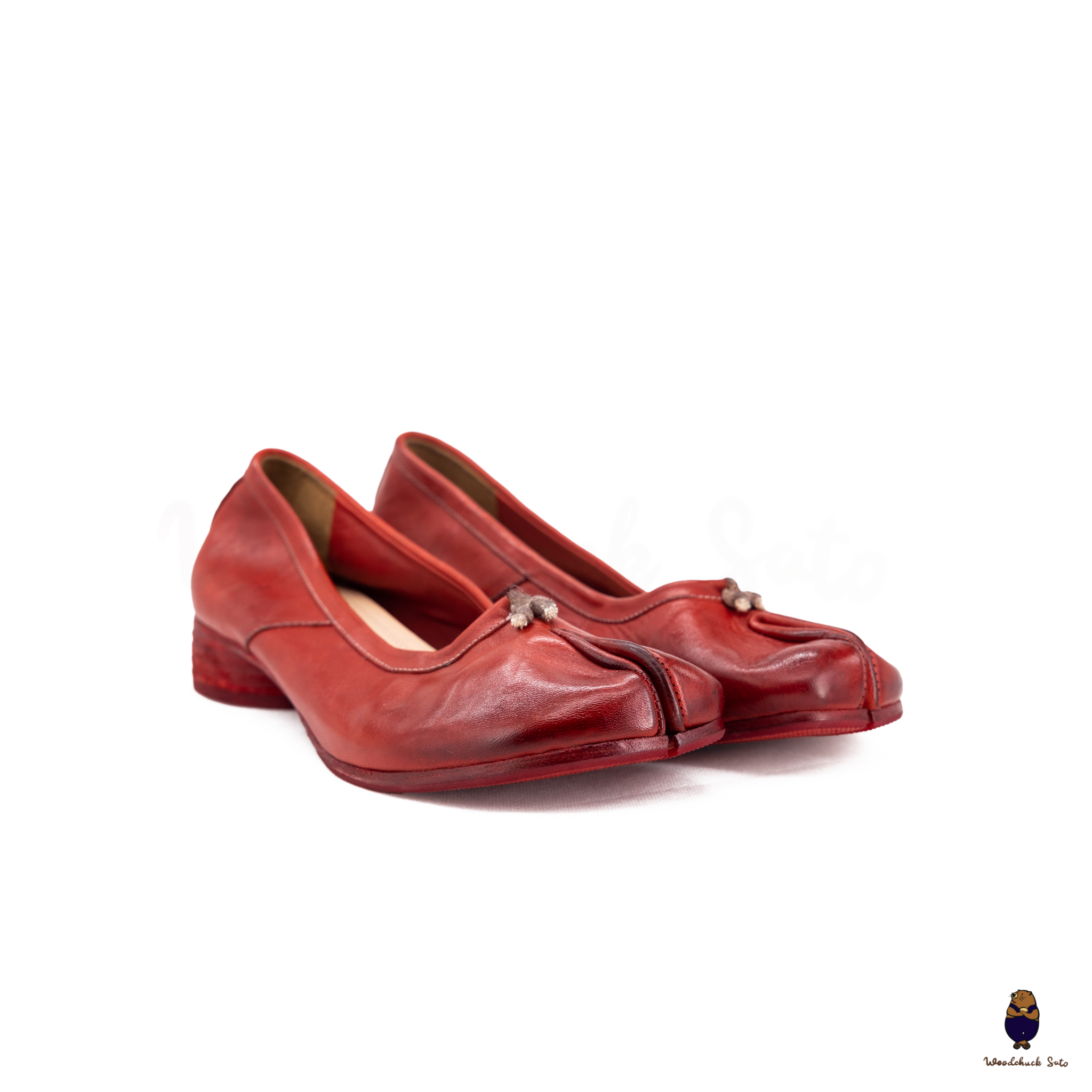 Vintage Red Horse Leather Tabi Split Toe 3cm Mule Heels