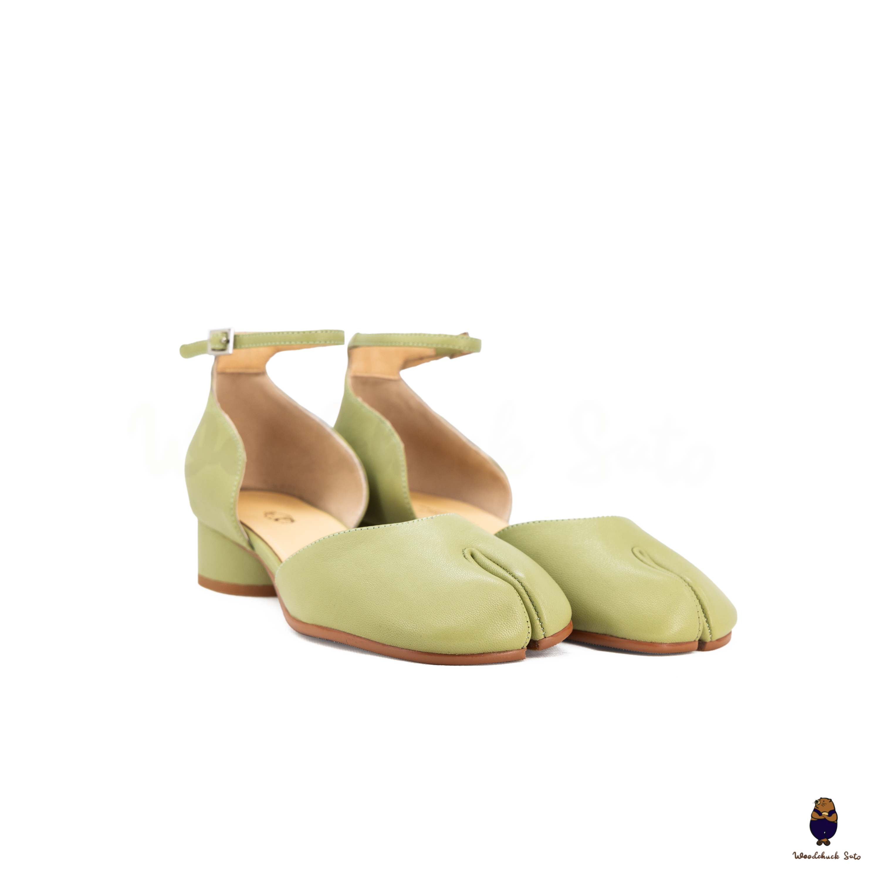 WoodchuckSato Green Leather D'Orsay Tabi Ankle-Strap 3 cm Heels
