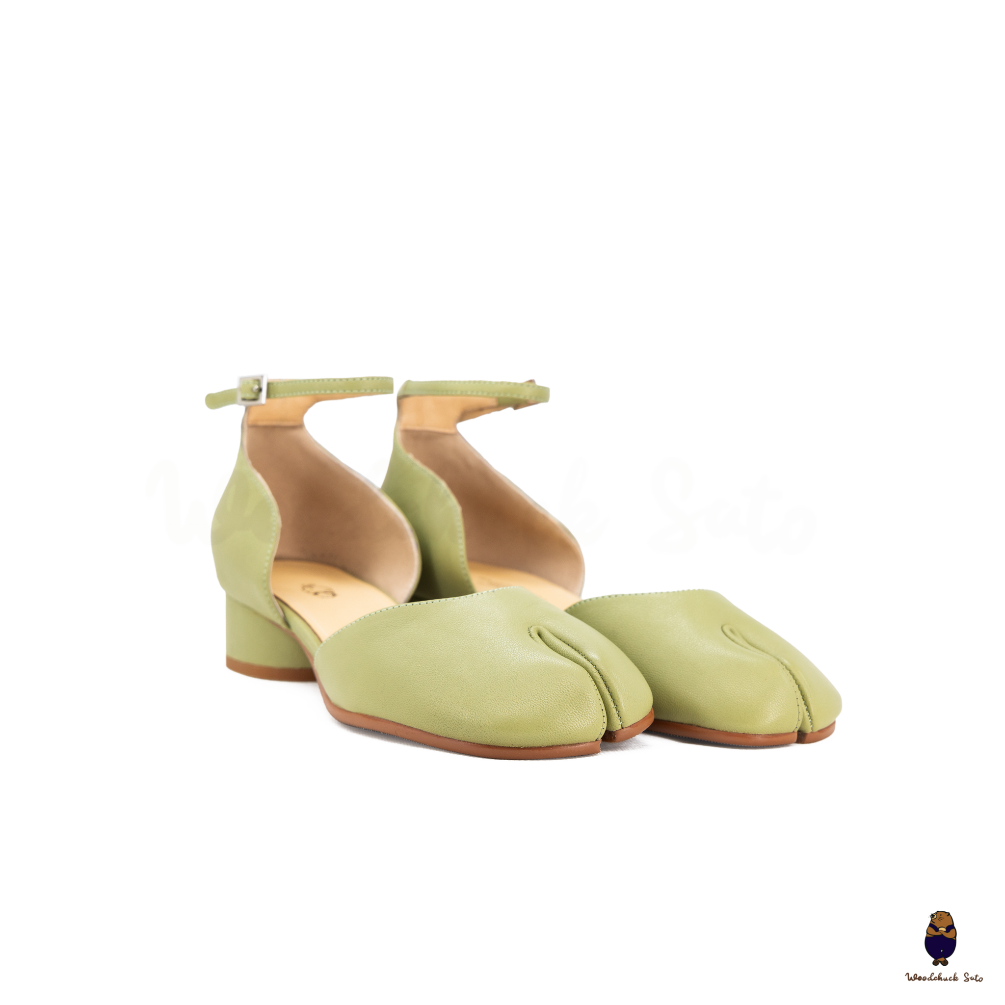 WoodchuckSato Green Leather Tabi Ankle-Strap with 3 cm Heels