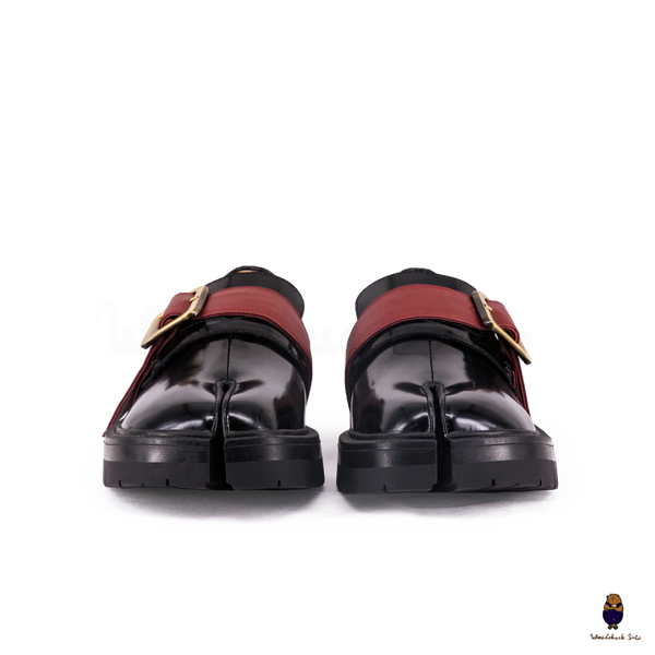 WoodChuckSato Women's Men's Black Tabi Split-Toe Cow Leather Loafers with Chunky Cleated Sole Detachabl Red Buckle Strap Sizes EU 35-47