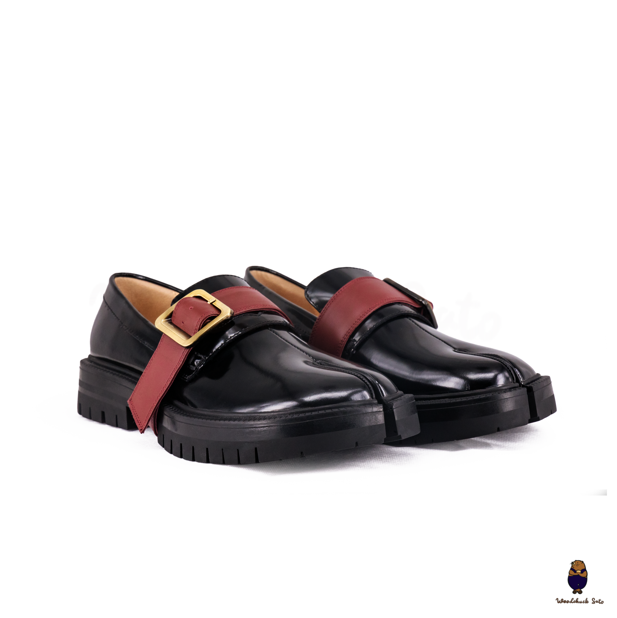 WoodChuckSato Women's Men's Black Tabi Split-Toe Cow Leather Loafers with Chunky Cleated Sole Detachabl Red Buckle Strap Sizes EU 35-47