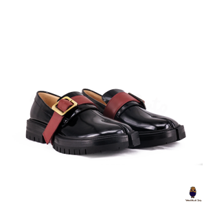 WoodChuckSato Women's Men's Black Tabi Split-Toe Cow Leather Loafers with Chunky Cleated Sole Detachabl Red Buckle Strap Sizes EU 35-47
