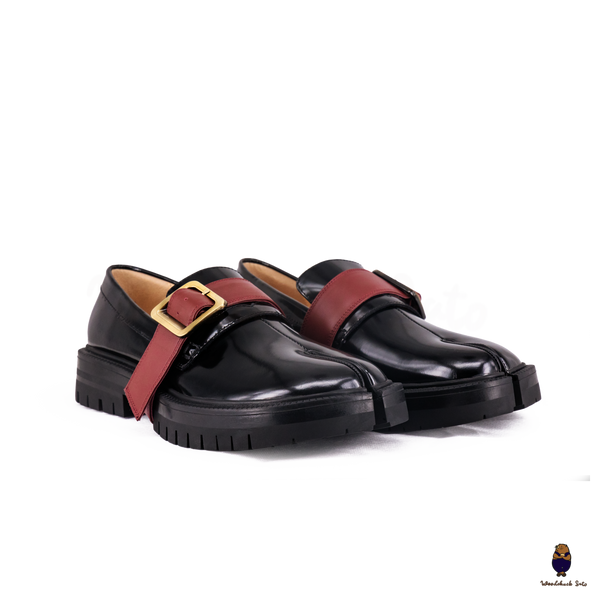 WoodChuckSato Women's Men's Black Tabi Split-Toe Cow Leather Loafers with Chunky Cleated Sole Detachabl Red Buckle Strap Sizes EU 35-47