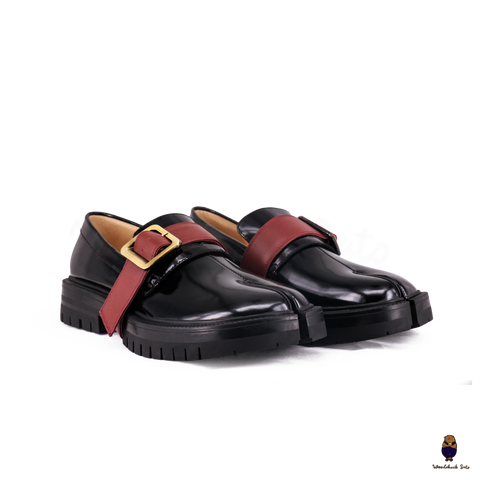 WoodChuckSato Women's Men's Black Tabi Split-Toe Cow Leather Loafers with Chunky Cleated Sole Detachabl Red Buckle Strap Sizes EU 35-47
