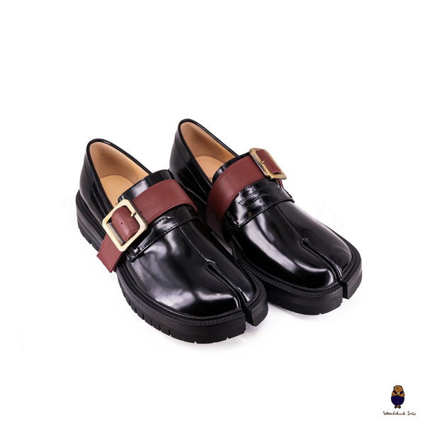 WoodChuckSato Women's Men's Black Tabi Split-Toe Cow Leather Loafers with Chunky Cleated Sole Detachabl Red Buckle Strap Sizes EU 35-47